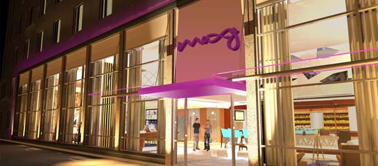 An artist rendering of a Moxy Hotel, Marriott’s first entry into the economy tier. // © 2013 Marriott International